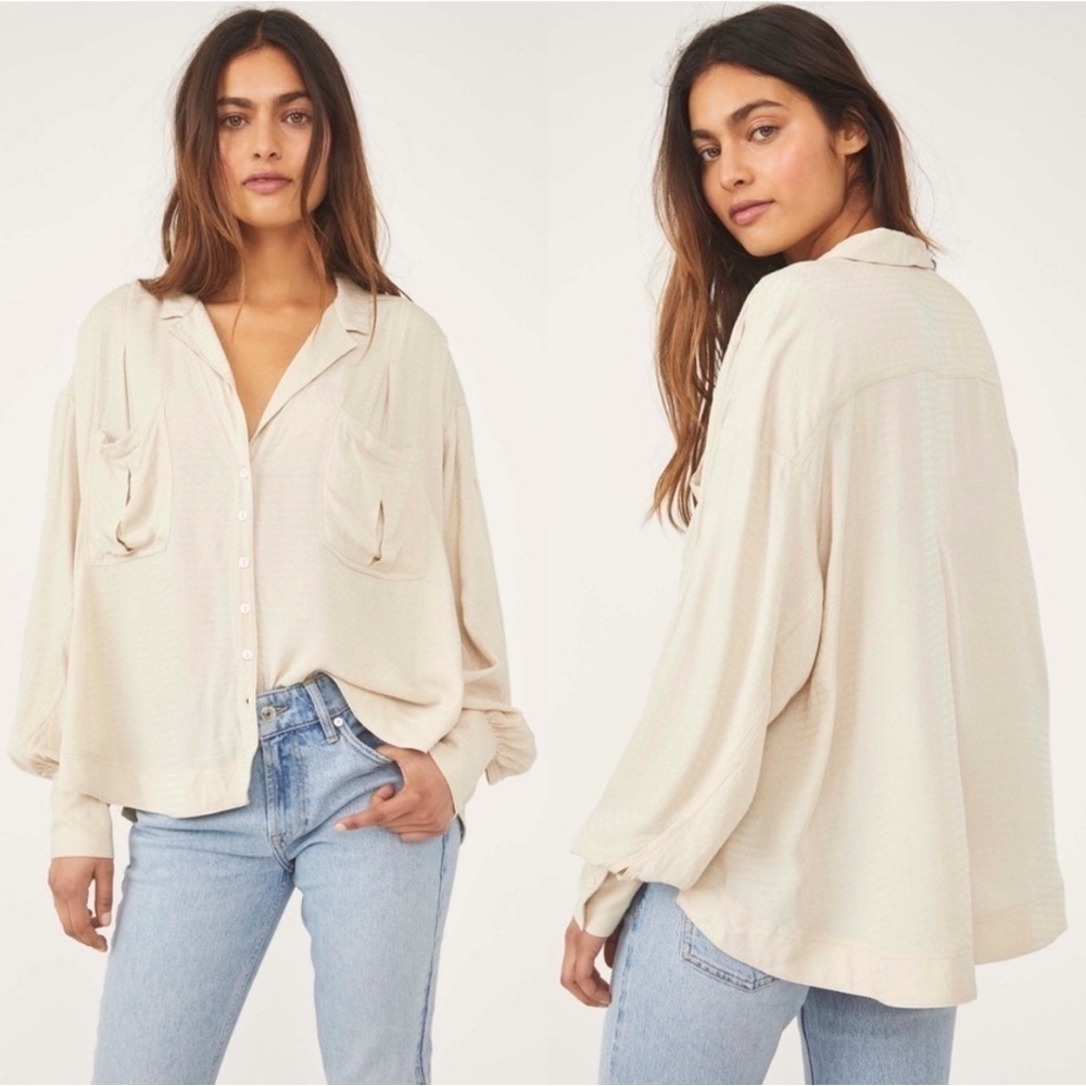 Free People Jacquard Oversize Button Front top in Tea - size XS